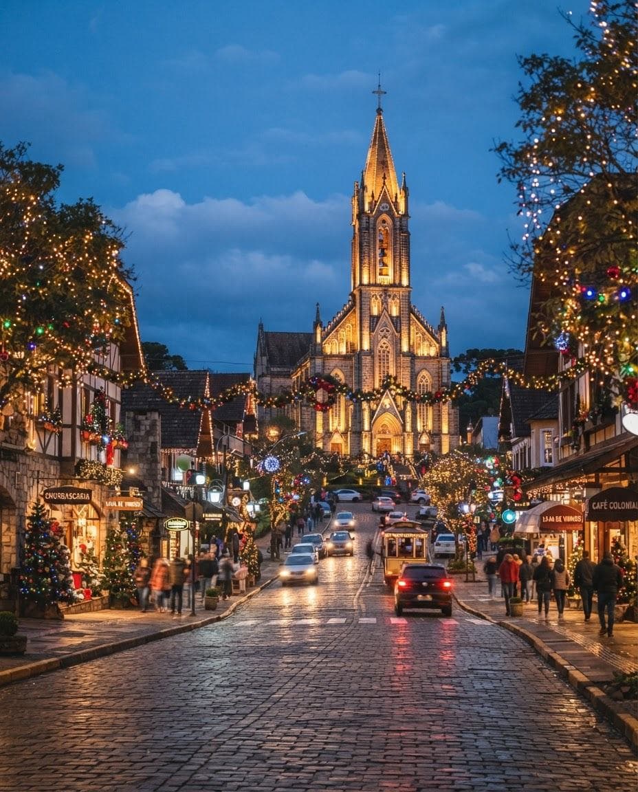 Igreja Matriz São Pedro iluminada à noite em Gramado na Serra Gaúcha