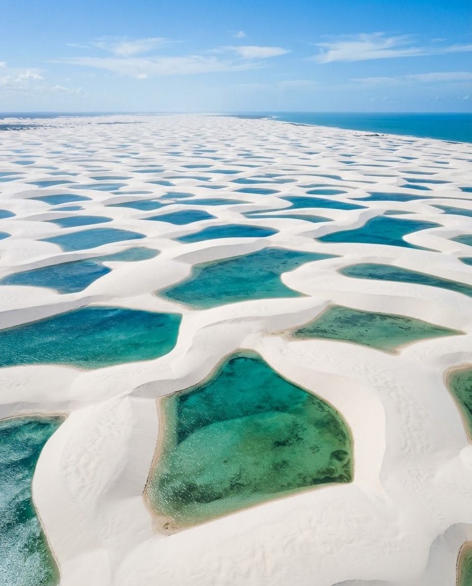 Vista aérea das dunas brancas e lagoas cristalinas dos Lençóis Maranhenses no Maranhão