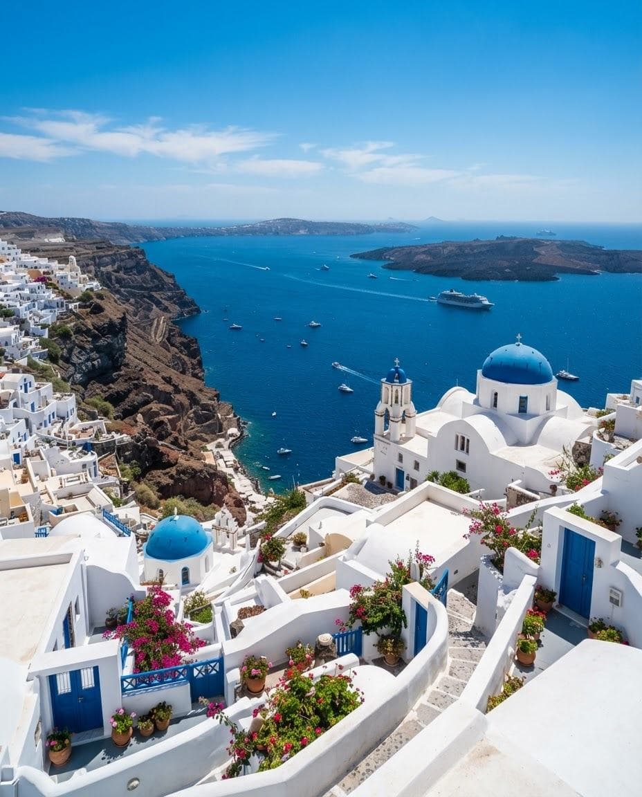 Casinhas brancas e cúpulas azuis com vista para o mar Egeu em Santorini, Grécia