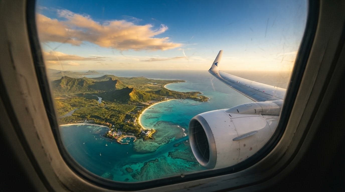 Vista da janela de um avião sobrevoando o mar azul turquesa e uma ilha costeira ao pôr do sol